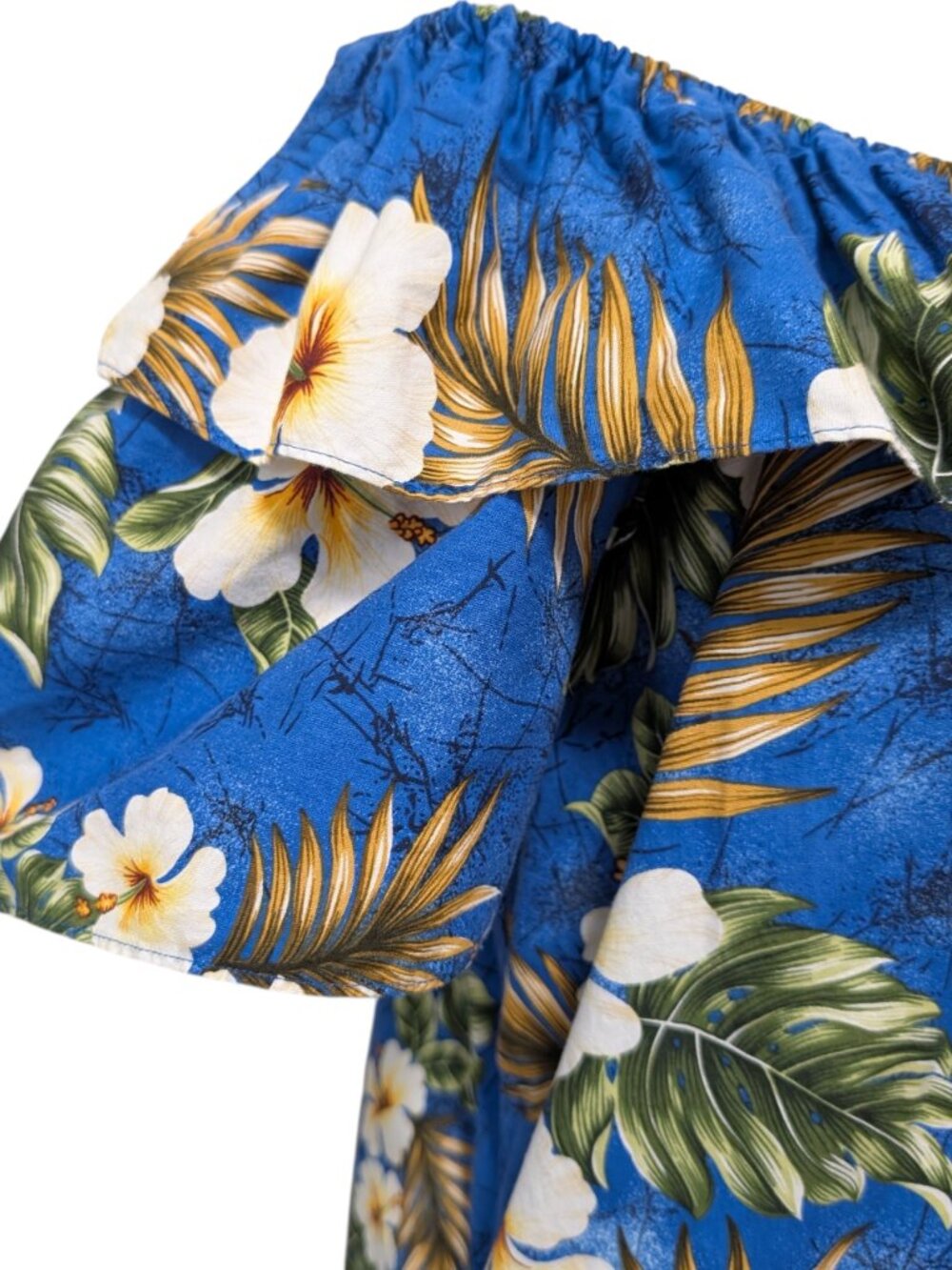 Ky's Hawaii Womens Sz L Blue Tropical Hibiscus Ruffle Off Shoulder Muumuu Dress - Picture 5 of 8